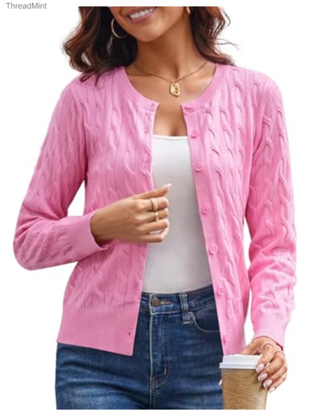 Cable Knit Cropped Button Up Cardigan Lightweight Long Sleeve Crew Neck Sweater